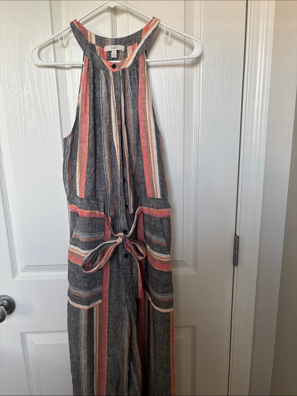 Joie Striped Sleeveless Jumpsuit in Charcoal, Coral & Cream